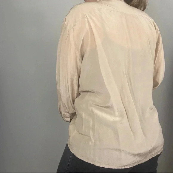 VINTAGE Tan Silk Button Down Shirt with Embroidered Details - Picture 5 of 9